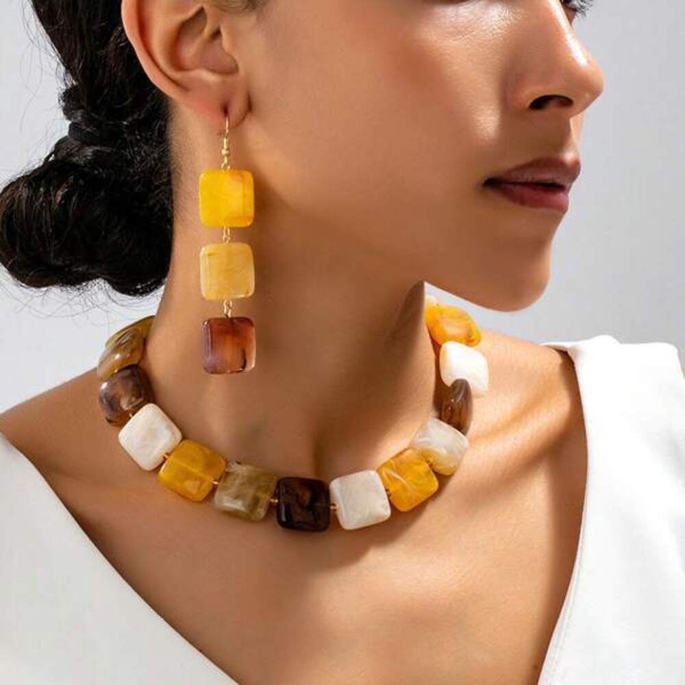 Spring Vintage Square Beaded Earrings Necklace Set Retro Style Minimalist